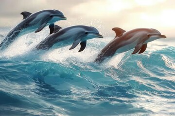 Naklejka premium Dolphins Leaping Through Turquoise Waves Beautiful Aquatic Art Bottlenose Mammal Underwater Action Graceful Swim Dynamic Nature