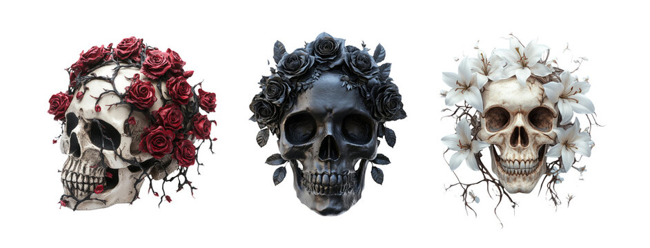 Artistic Skull with Floral Decoration on Transparent Background