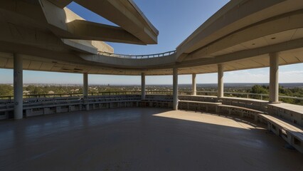 Circular observation deck with panoramic city view.