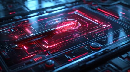 Obraz premium A futuristic interface with glowing red elements and intricate circuit patterns.