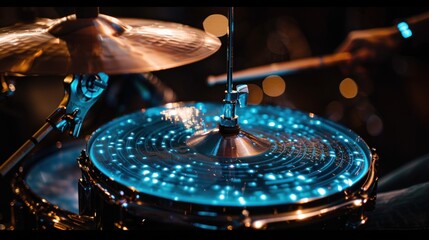 Obraz premium Close-up of a drum set with illuminated cymbals, showcasing a vibrant musical performance.