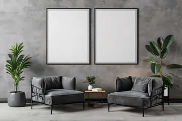 Contemporary living room featuring two stylish black chairs with a minimalist design and greenery, perfect for a chic, modern aesthetic.