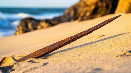 Ancient harpoon resting on sandy beach, partially buried with weathered wooden handle and rusted metal tip, evoking historical maritime heritage and archaeological significance