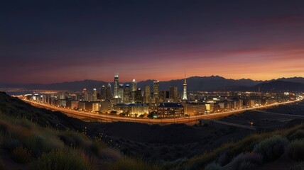 Fototapeta premium Cityscape at dawn, illuminated buildings and highway curve.