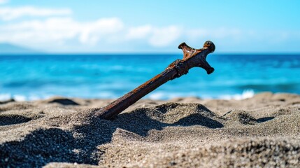 Ancient harpoon resting on sandy beach, partially buried with weathered wooden handle and rusted metal tip, evoking historical maritime heritage and archaeological significance