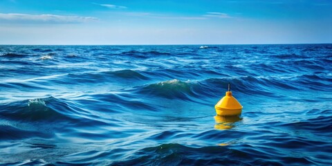 Lone yellow buoy floating on deep blue ocean waves, solitude, navigation, safety, marker, maritime, sea, lonely, serenity