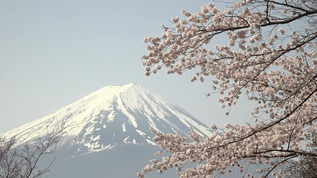 富士山と青空を背景にした風に揺れる桜の花のクローズアップ、固定撮影、環境音あり