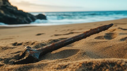 Ancient harpoon resting on sandy beach, partially buried with weathered wooden handle and rusted metal tip, evoking historical maritime heritage and archaeological significance