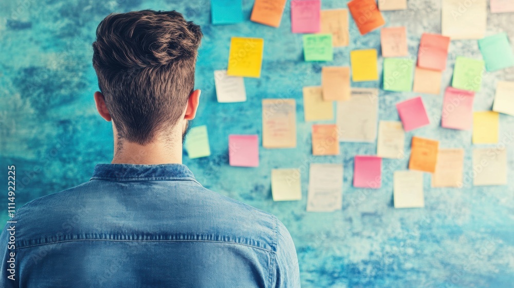 Poster a man stands in a creative space, deep in thought while observing a wall covered with vibrant post i