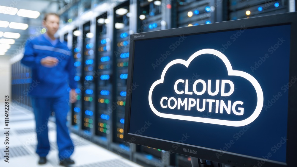 Poster data center with a cloud computing display and technician in the background.