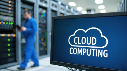 A computer screen displays "CLOUD COMPUTING" in a data center with servers in the background.