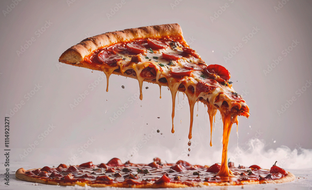 Poster slice of pepperoni pizza with melted cheese dripping from it. the pizza is on a table