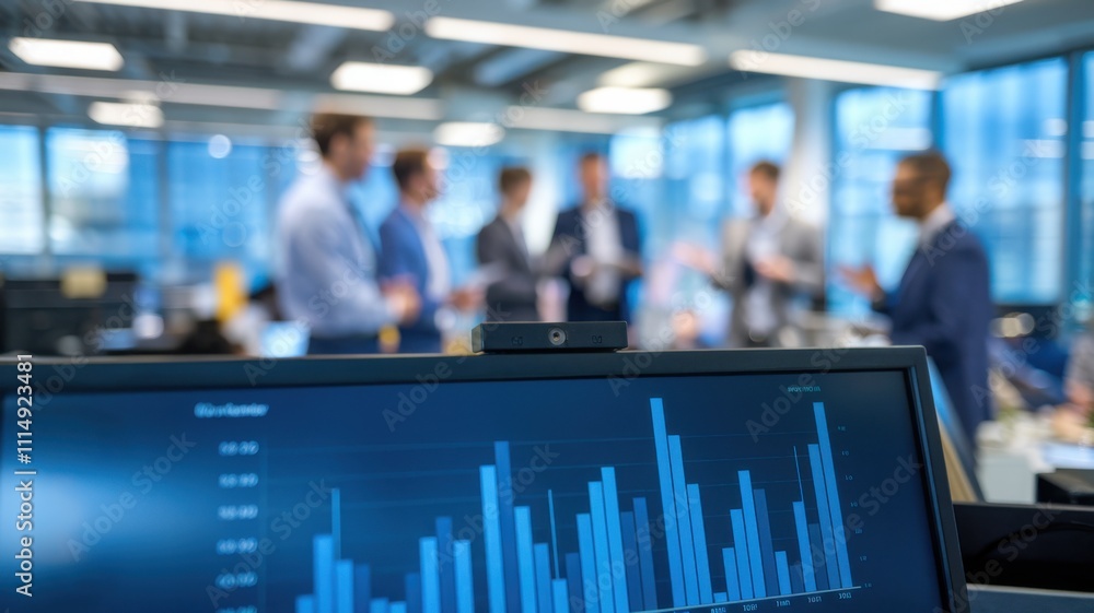 Poster office scene with a computer displaying data and professionals engaged in discussion.