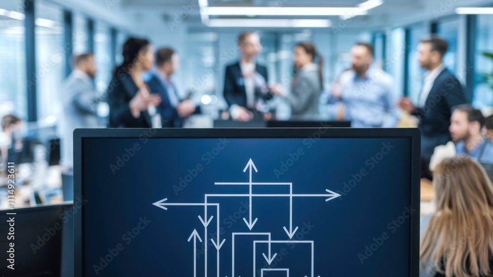 Poster office scene with a computer displaying a flowchart and people networking in the background.