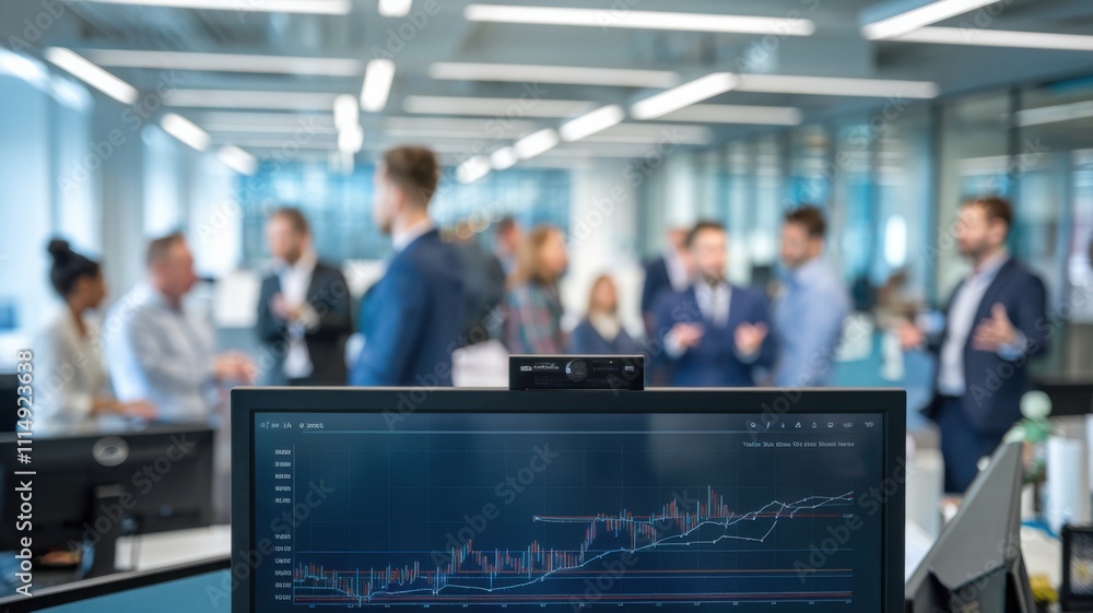 Poster office scene with professionals discussing around a computer displaying financial data.