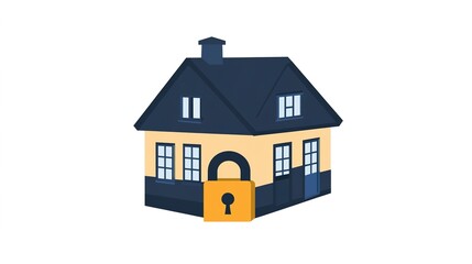 A home security icon featuring a house with a padlock, symbolizing protection and safety, designed on a clean white background to represent secure living and home protection systems.
