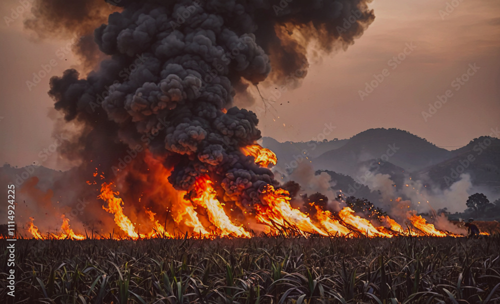Poster field of grass is on fire. the fire is very large and is in the distance. the sky is cloudy and the 