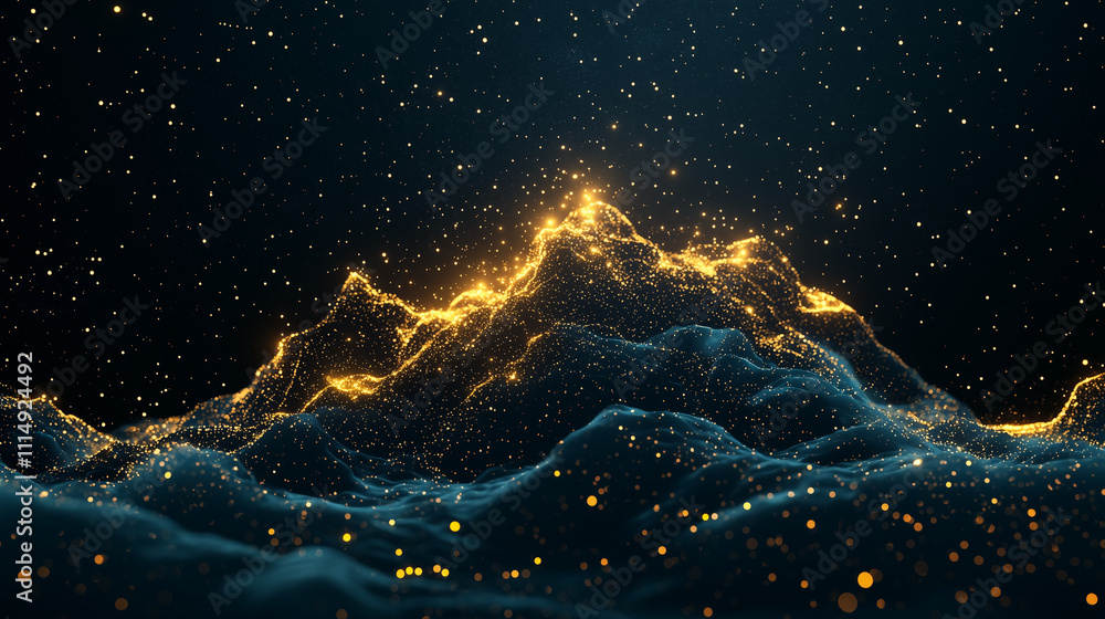 Poster a digital artwork depicts a glowing golden mountain range composed of particles, set against a dark,