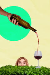 Sketch image trend artwork montage 3D photo collage of incognito hand hold bottle pour wine alcohol...