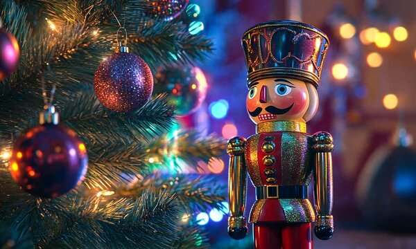 Colorful Nutcracker Toy with Christmas Tree and Twinkling Lights Background