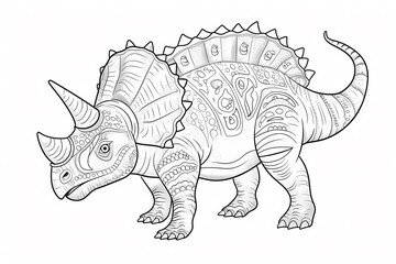 Naklejka premium A beautifully detailed line drawing of a Triceratops, showcasing intricate patterns on its body and a majestic horned head.