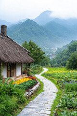 View of green mountain mist with thatched house and small vegetable garden