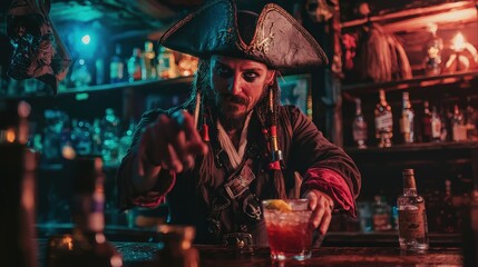 A pirate-themed bartender mixing rum-based drinks in a ship-inspired bar setting