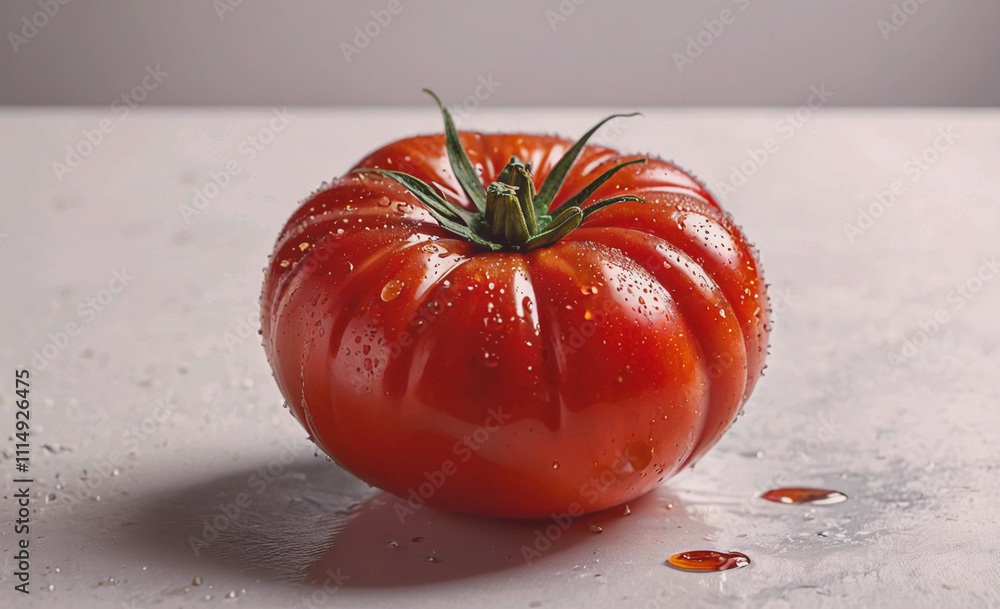 Poster large red tomato with a stem on top. the tomato is sitting on a table