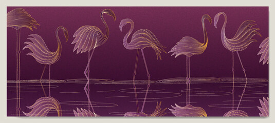 Photo sur Toile Purple art background with flamingo birds on the lake hand drawn in line style. Minimalistic banner for wallpaper, print, textile, poster, interior design, cover, social media, decor