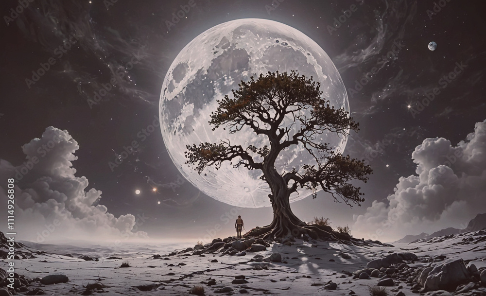 Poster Man stands in front of a tree in front of a large moon. The sky is cloudy and the moon is in the background