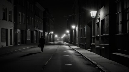 Fototapeta premium Solitary figure walking down a dimly lit, cobblestone street at night.