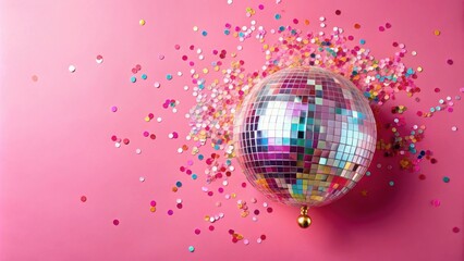 Colorful disco ball balloon with confetti on pink background , Disco ball, balloon, confetti, colorful, party, celebration