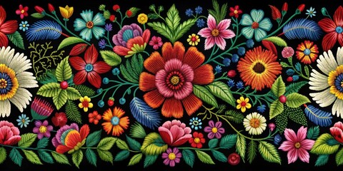 Fototapeta premium A beautiful seamless embroidery floral pattern with intricate details and vibrant colors, embroidery, seamless, pattern