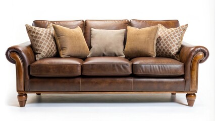 Fototapeta premium Elegant brown sofa with plush cushions and wooden legs , elegant, brown, fabric, sofa, plush, cushions, wooden