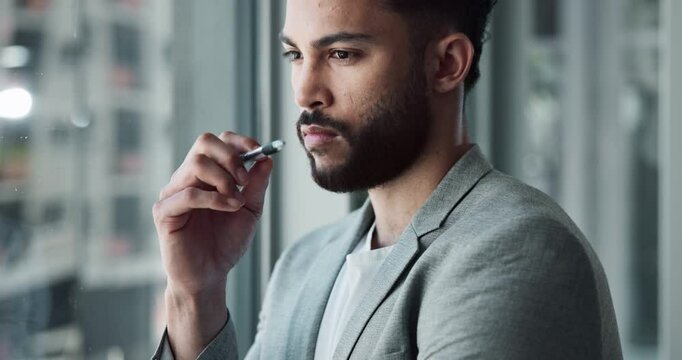 Thinking, man and serious as accountant in financial agency with confidence, pride and contemplation. Male person, ideas and planning with vision for audit, taxes and payroll for company or corporate
