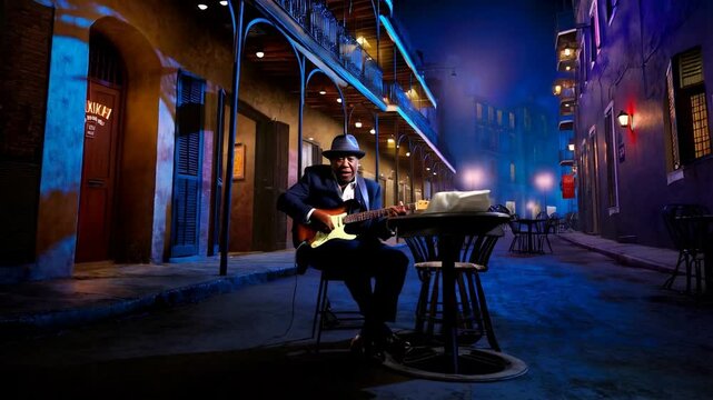 blues guitarist sitting in an alley bar, smoking and playing guitar with an intense expression on his face, wearing a suit hat