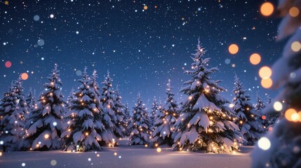 Obraz premium Bokeh effect on Christmas lights in a snowy landscape, outdoor decorations, frosty air