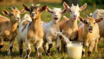 Obraz premium A Group of Baby Goats Playing and Drinking Milk in a Field