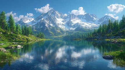 Fototapeta premium A majestic mountain lake surrounded by evergreen trees, with a reflection of the snow-capped peaks in the crystal-clear water under a blue sky 