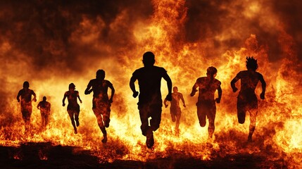 Fototapeta premium apocalyptic scene with people figures running through fiery chaos. The dark, ominous sky and central figure with a downward arrow create a sense of impending doom and judgment.