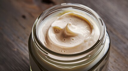 A jar filled with mayonnaise is placed on a rustic wooden table