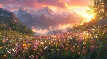 Obraz premium A peaceful mountain meadow at dawn with mist rising from the grass, wildflowers blooming, and towering peaks in the distance under a pink sky 