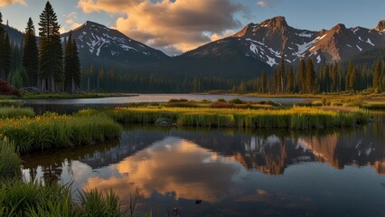 Fototapeta premium Sunset reflecting on serene mountain lake.