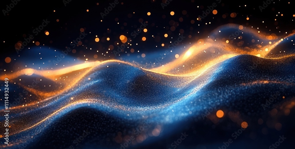 Poster abstract background of flowing waves in gold and blue light with bokeh texture for holiday party and