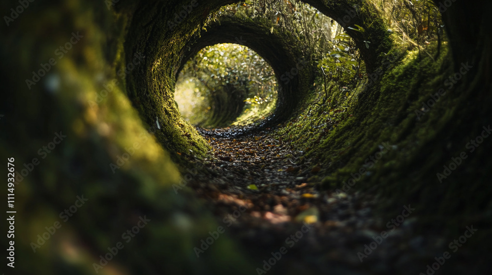 Poster forest pathway through moss-covered tree trunks under soft light in a serene atmosphere