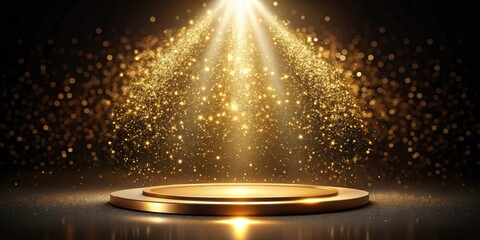Golden spotlight shining on circular pedestal surrounded by sparkling particles, Gold, spotlight, illuminated