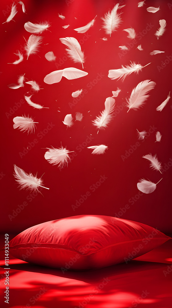 Aufkleber a red backdrop with a soft pillow and floating white feathers, creating a serene atmosphere.