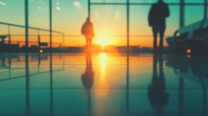Fototapeta premium Two silhouetted figures stand in an airport terminal, watching a stunning sunset through the glass windows, evoking travel vibes.