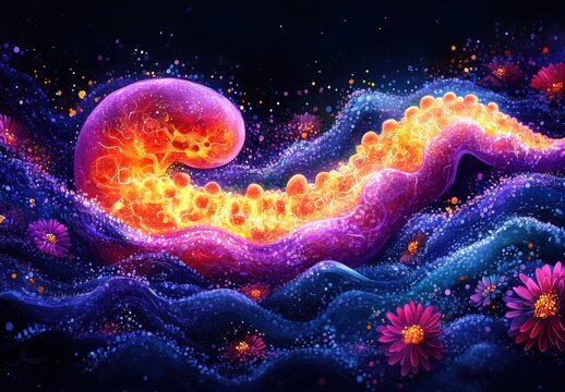 Surreal Anatomical Illustration of Stomach and Pancreas in Dreamy Pastel Colors with Chiaroscuro Lighting