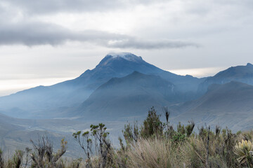 View of a snow-capped mountain in Colombia called Nevado del Tolima with a variety of plants and mist. Green nature and magical place to visit and travel.